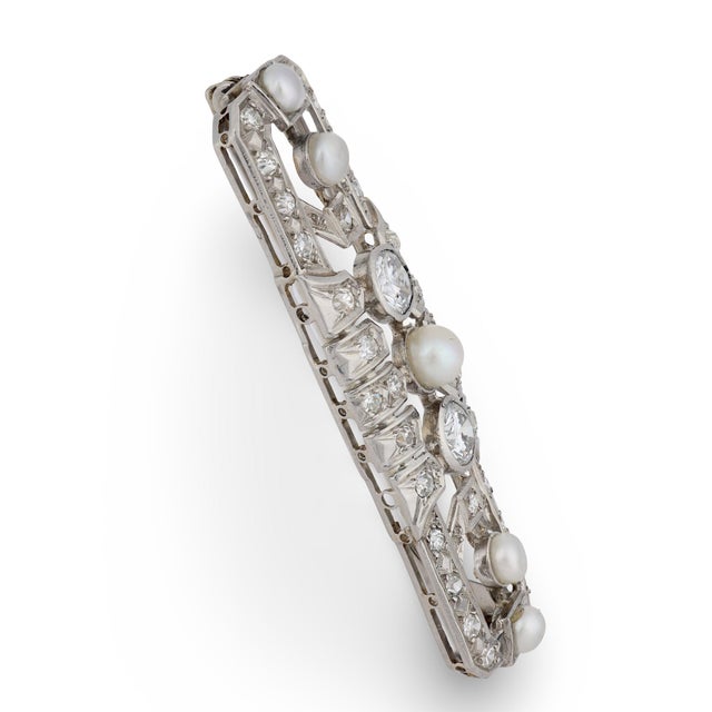 1930s Art Deco French Pearl Diamond Platinum Brooch For Sale - Image 4 of 6