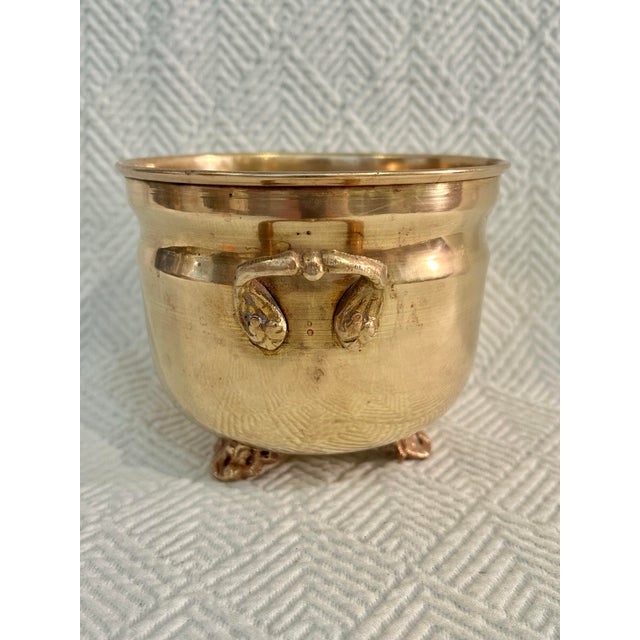 Hollywood Regency Vintage 5” Solid Brass Planter or Cache Pot With Handles and Feet For Sale - Image 3 of 7