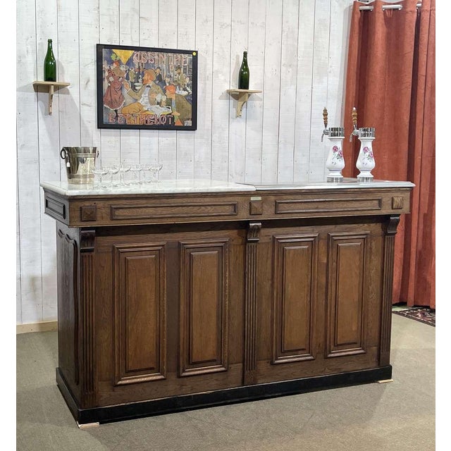 Early 20th century oak, zinc and white marble bar counter - L=2m01, D=71cm, H=1m20.