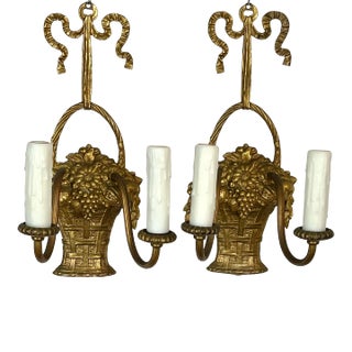Pair of Vintage French Gilded Bronze Fruit & Flower Basket Wall Sconces, Louis XVI Style For Sale
