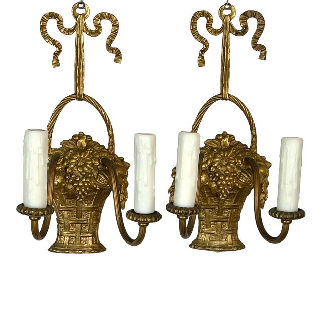 Pair of Vintage French Gilded Bronze Fruit & Flower Basket Wall Sconces, Louis XVI Style For Sale