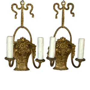 Pair of Vintage French Gilded Bronze Fruit & Flower Basket Wall Sconces, Louis XVI Style