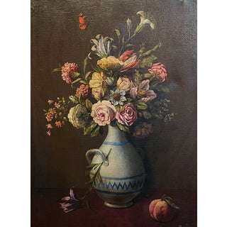 Flowers in a Vase and Peach, Oil on Canvas For Sale
