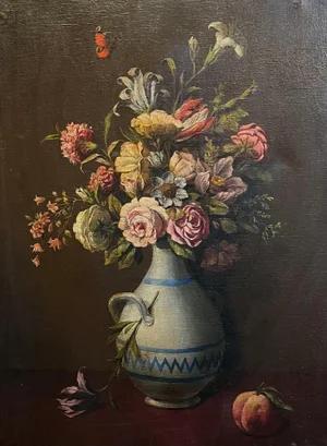 Flowers in a Vase and Peach, Oil on Canvas