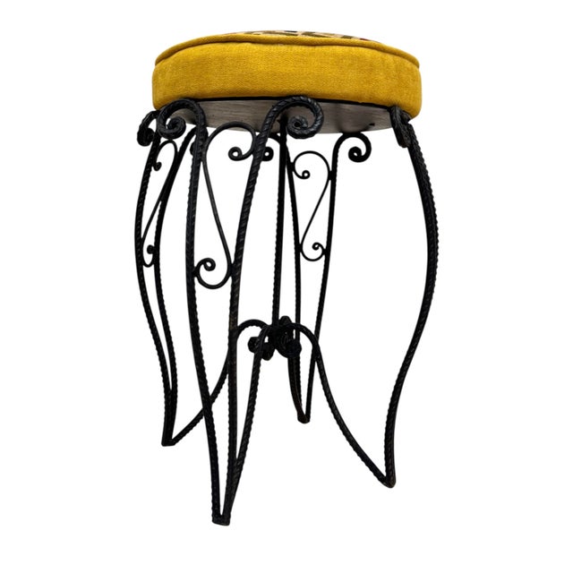 Very rare Art Deco style ottoman, Eastern Europe, 1950s. Wrought iron construction and legs in foliage decor painted in...