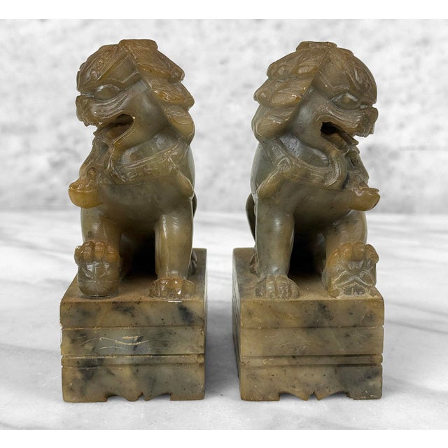 Stone Antique Traditional Chinese Soapstone Foo Dog Bookend Sculptures - A Pair For Sale - Image 7 of 10