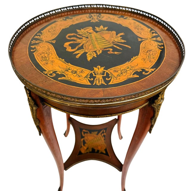 Brown Pair of Louis XVI Style Marquetry Guéridon Tables With Bronze Gallery & Mounts For Sale - Image 8 of 18