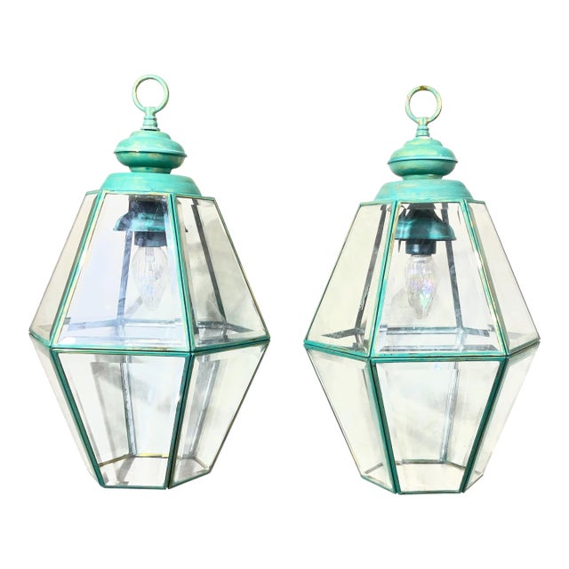 1980s Stunning Pair of Vintage Solid Brass & Glass Geometric Hanging Lanterns - a Pair For Sale