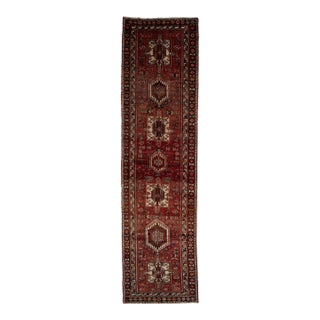 Handmade Red Heriz Persian Wool Runner With Allover Pattern For Sale