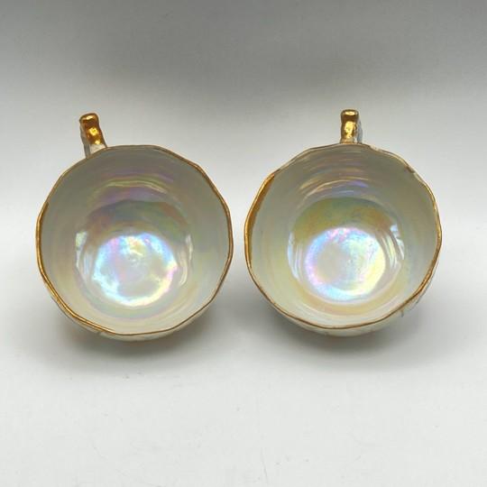 Pair of Kasuga Footed Iridescent Gilded Teacups (Handles, Fruit Design, Lusterware) Vintage For Sale - Image 13 of 16