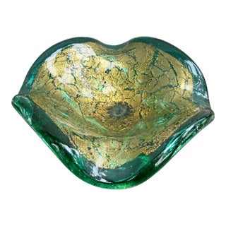 Murano Sommerso Verde Green Gold Flecks Bowl Ashtray Italy Barovier Style For Sale