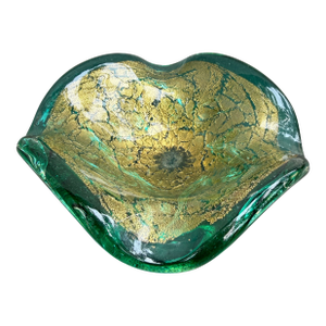 Murano Sommerso Verde Green Gold Flecks Bowl Ashtray Italy Barovier Style