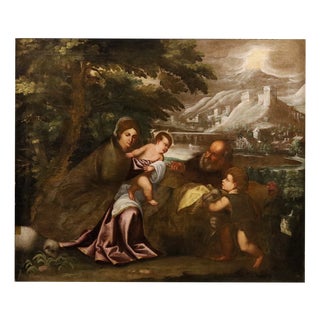 School of Titian, The Holy Family with the Infant Saint John the Baptist, 17th Century, Oil Painting on Canvas, Framed For Sale