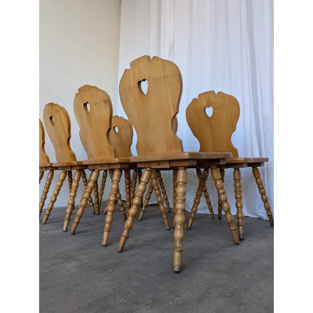 Vintage Tyrolean Farmhouse Heart Cutout Wooden Dining Chairs, 1970s, Set of 8 For Sale - Image 18 of 18