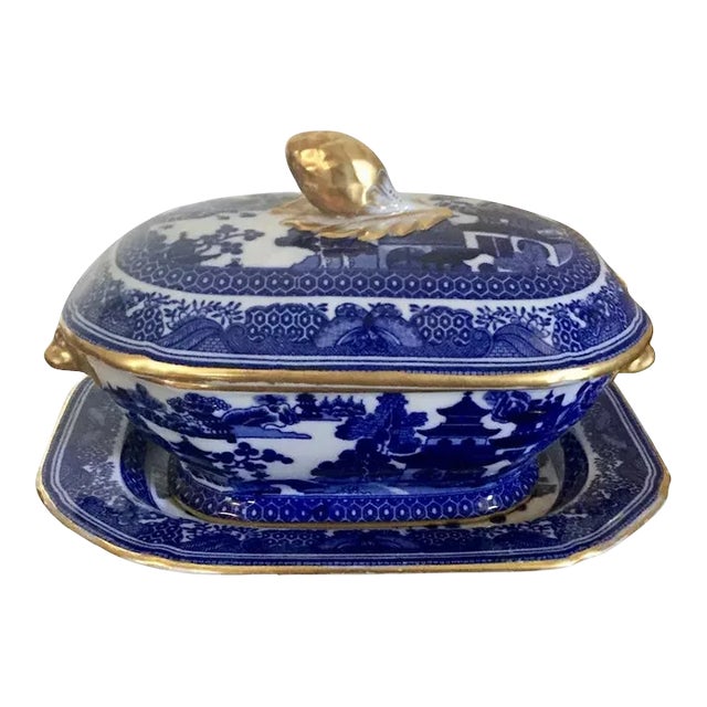19th Century Copeland Spode Chinese Canton Style Blue & White Porcelain Sauce Tureen & Under Tray - 2 Pieces For Sale