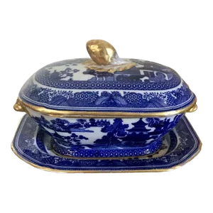19th Century Copeland Spode Chinese Canton Style Blue & White Porcelain Sauce Tureen & Under Tray - 2 Pieces