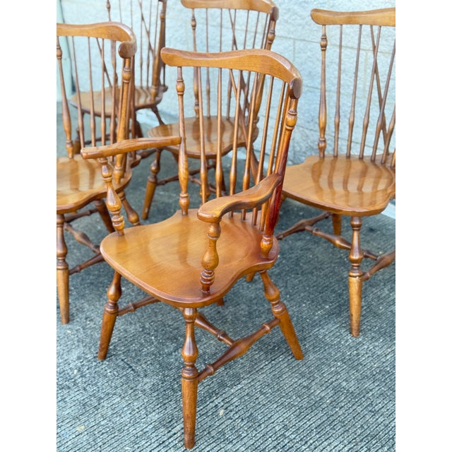 Late 20th Century Set of Six Windsor Style Oak Dining Chairs With Armrests and Turned Legs For Sale In Philadelphia - Image 6 of 9