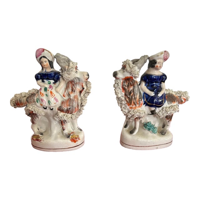 Antique Staffordshire Figurines of Girls on Goats- Set of 2 For Sale