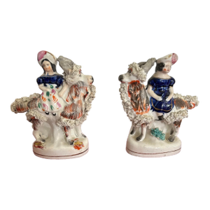 Antique Staffordshire Figurines of Girls on Goats- Set of 2