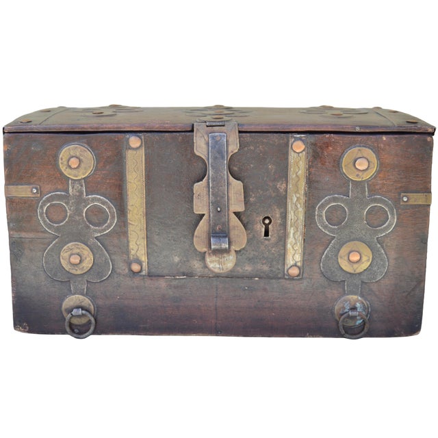 Mid-Century Modern Mid 20th Century Hand-Crafted Brass-Inlaid Asian Wooden Chest Accent For Sale - Image 3 of 10