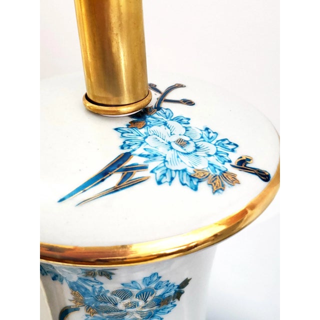 Huge Lamp Pair Blue & Metallic Gold Hand Painted Peacocks 1960s Kutani For Sale - Image 10 of 18