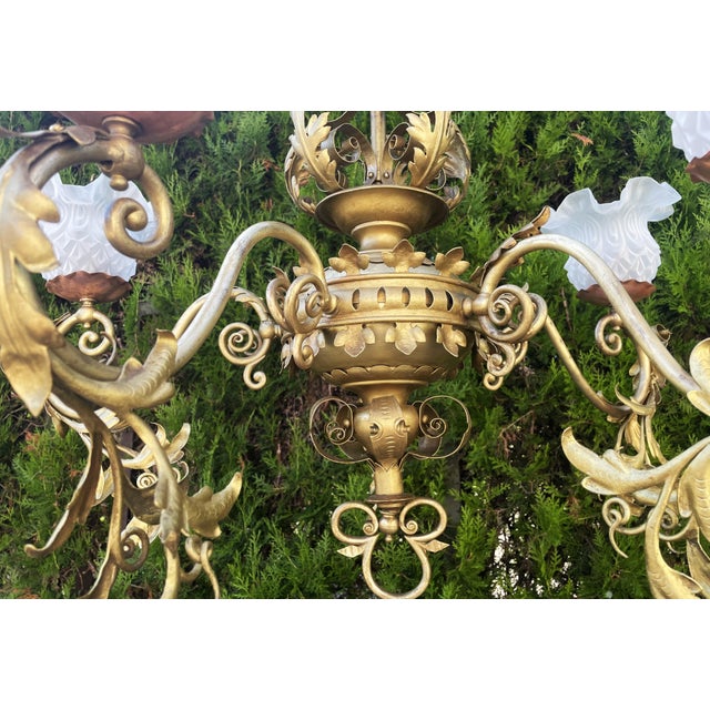 Antique Brass, Copper, and Glass 5-Arm Chandelier, 1900s For Sale - Image 12 of 18