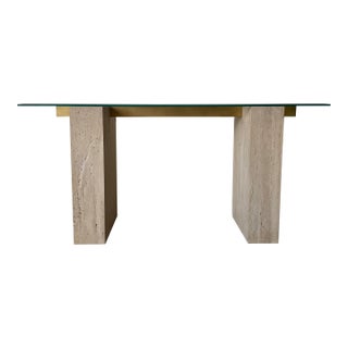 Italian Postmodern Guy Barker for Ello Travertine and Brass Console Table With Beveled Glass Top For Sale