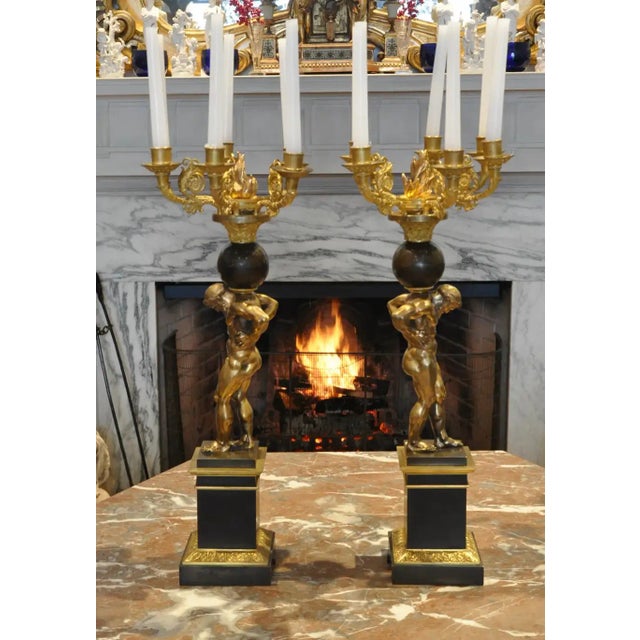 Neoclassical Pair of Regency Gilt and Patinated Bronze Atlas Figural Candelabra For Sale - Image 3 of 12