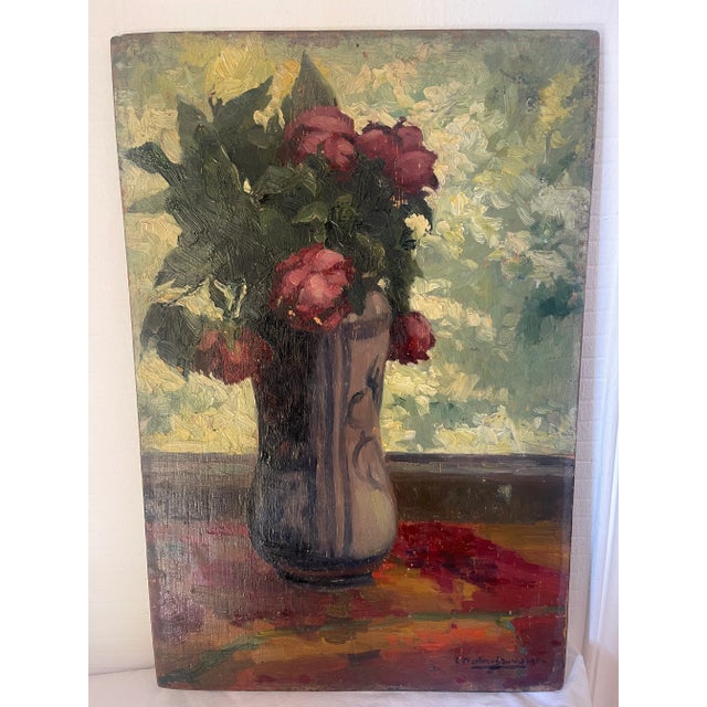 Campaign Painting Roses Against the Light 1947 Signed Martin Sauvaigo (1881-1970) Oil Painting on Panel France For Sale - Image 3 of 12