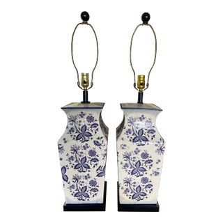 Vintage Mid to Late 20th Century Blue and White Oversized Hand Painted Lamps, a Pair For Sale