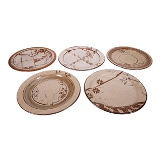 Late 20th Century John Glick Signed Plates Modernist Stoneware Glazed Ceramics Plum Tree - Set of 5 For Sale