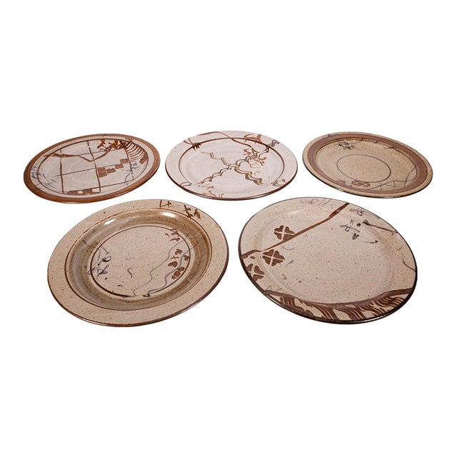 Late 20th Century John Glick Signed Plates Modernist Stoneware Glazed Ceramics Plum Tree - Set of 5 For Sale