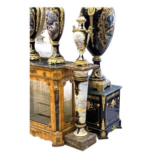 French Sevres Porcelain Vase & Pedestal Set With Hand-Painted Romantic Scenes, Bronze Mounts & Marble Bases For Sale