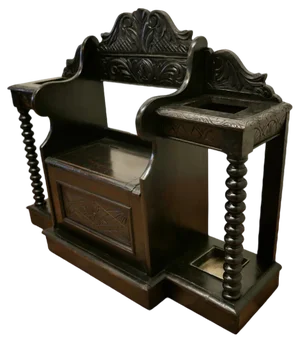 Carved Oak Hall Seat with 2 Stick Stands, 1880s