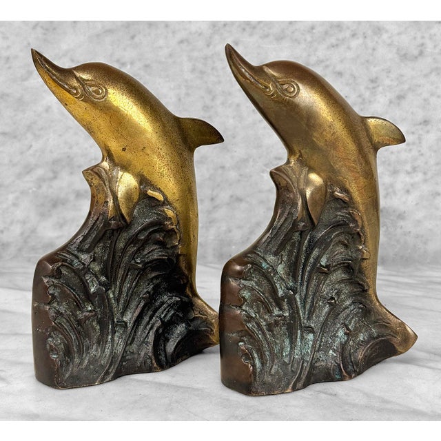 1970s Vintage Coastal Art Deco Brass Dolphin Library Bookends - A Pair For Sale - Image 5 of 7