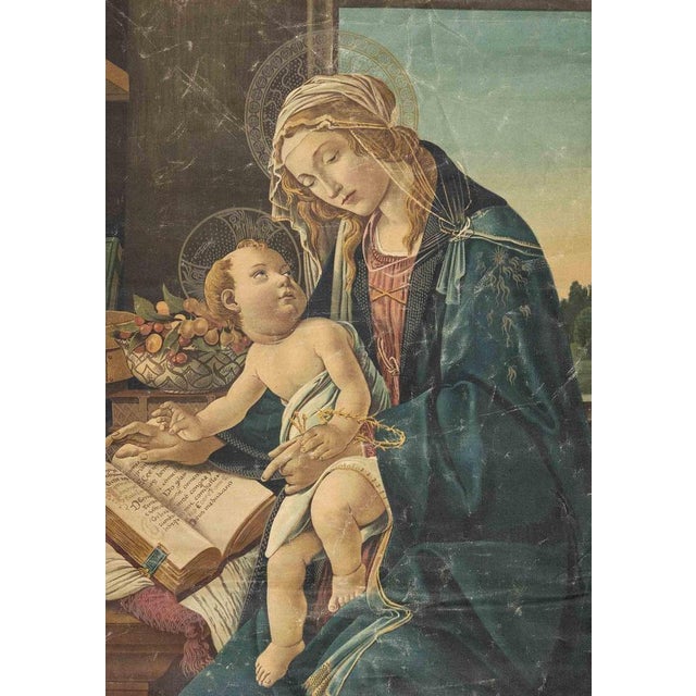 Virgin Mary with Child is a reproduction of Madonna del Libro, Sandro Botticelli, realized in Italy in 1940s. Border and...