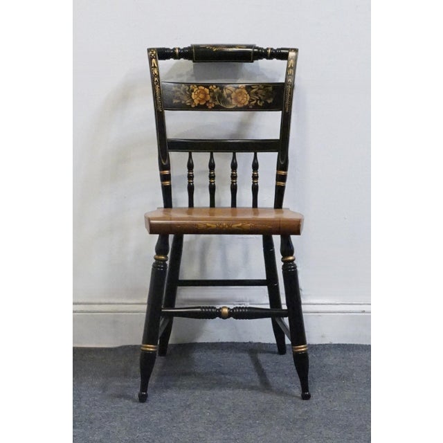 American Genuine Hitchcock Black & Gold Accent Side Chair W. Rush Seat & Hand Painted Florals For Sale - Image 3 of 11