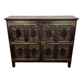 Spanish Baroque Style Carved Oak Sideboard with Iron Hardware, 1890s For Sale