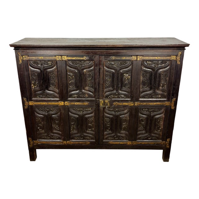 Spanish Baroque Style Carved Oak Sideboard with Iron Hardware, 1890s For Sale