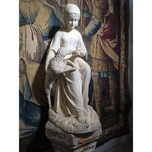 19th Century Sculpture of a Shepherdess with Lamb, 1874, Marble For Sale - Image 3 of 13