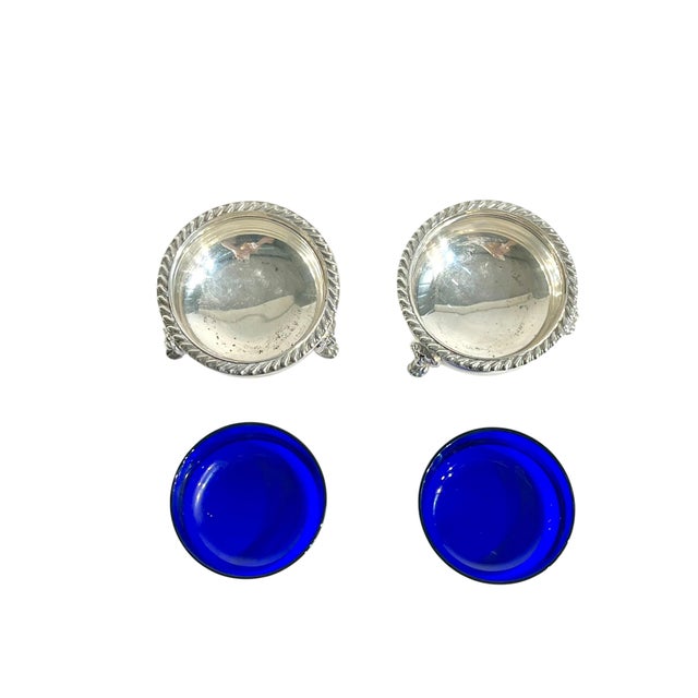 Friedman Brothers Antique Silver Plate and Cobalt Glass Salt Cellars With Lion Paw Feet - a Pair For Sale - Image 4 of 11