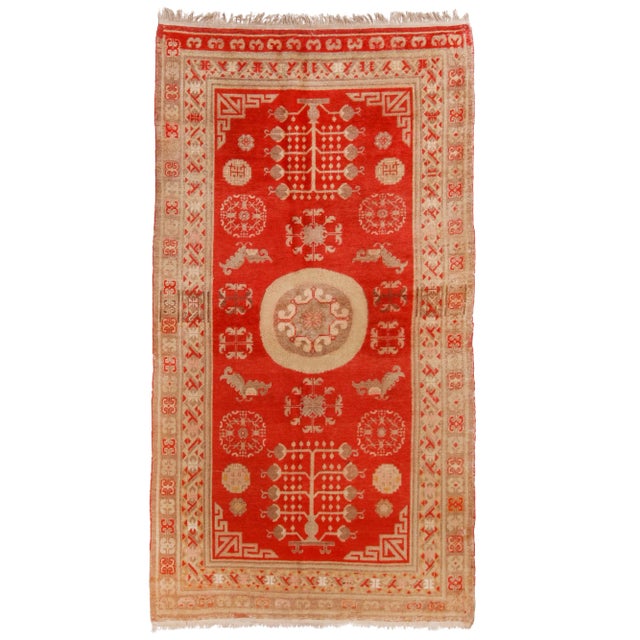 Antique Khotan Transitional Red and Beige Wool Rug With Medallion-Style For Sale