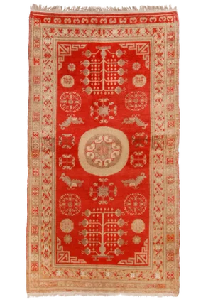 Antique Khotan Transitional Red and Beige Wool Rug With Medallion-Style