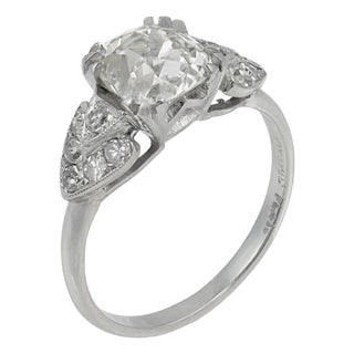 1930s Art Deco Gia 1.75 Carat Old Mine Cut Diamond Platinum Engagement Ring, Size 5.75 For Sale