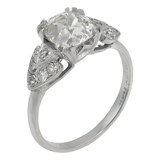 1930s Art Deco Gia 1.75 Carat Old Mine Cut Diamond Platinum Engagement Ring, Size 5.75 For Sale