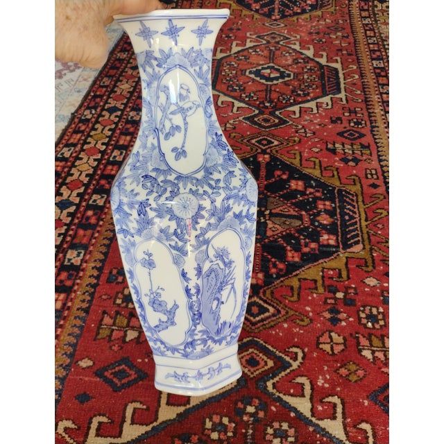 A beautiful soft colored Blue and White Hexagon Chinese 18" tall vase. These were my parents and they had it when I was 8,...