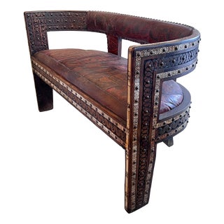 African Hardwood and Leather Two‑seater Settee, 1960s For Sale
