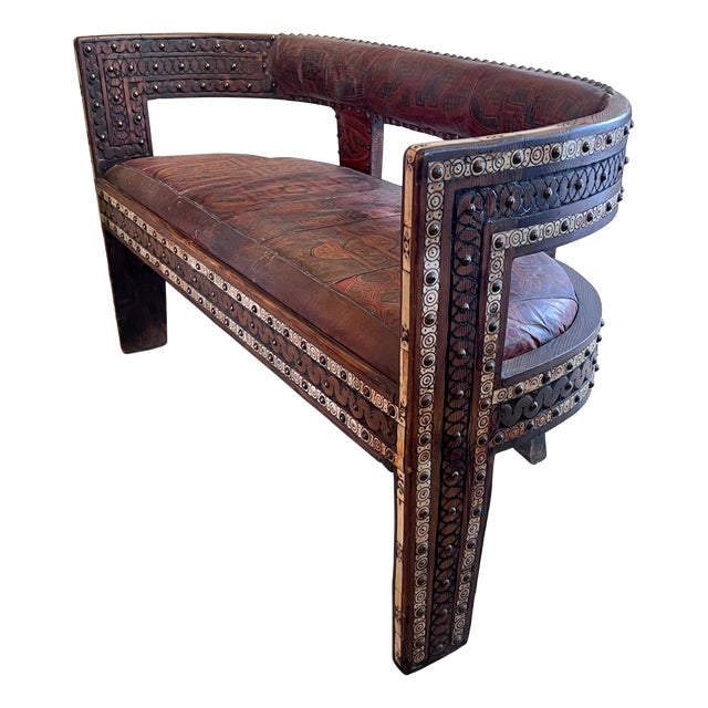 African Hardwood and Leather Two‑seater Settee, 1960s For Sale