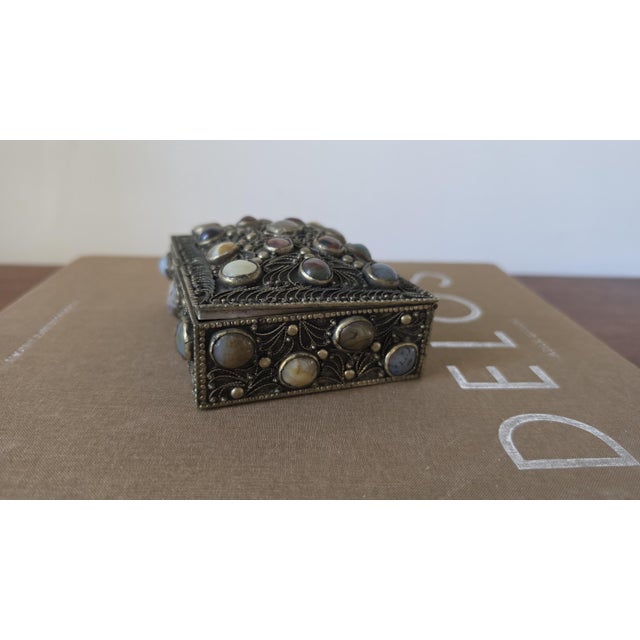 Antique Folk Art Silverplate Jewelry Box With Agate Cabochons, Vintage Trinket Box, Ornate Filigree Keepsake, Boho Global Decor For Sale - Image 4 of 10