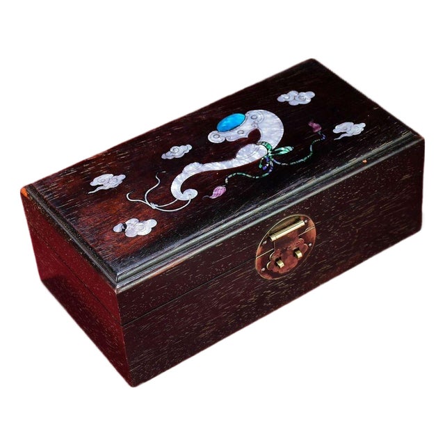 Vintage Chinese Rosewood Jewelry Box With Mother of Pearl Inlay & Ruyi Motif For Sale